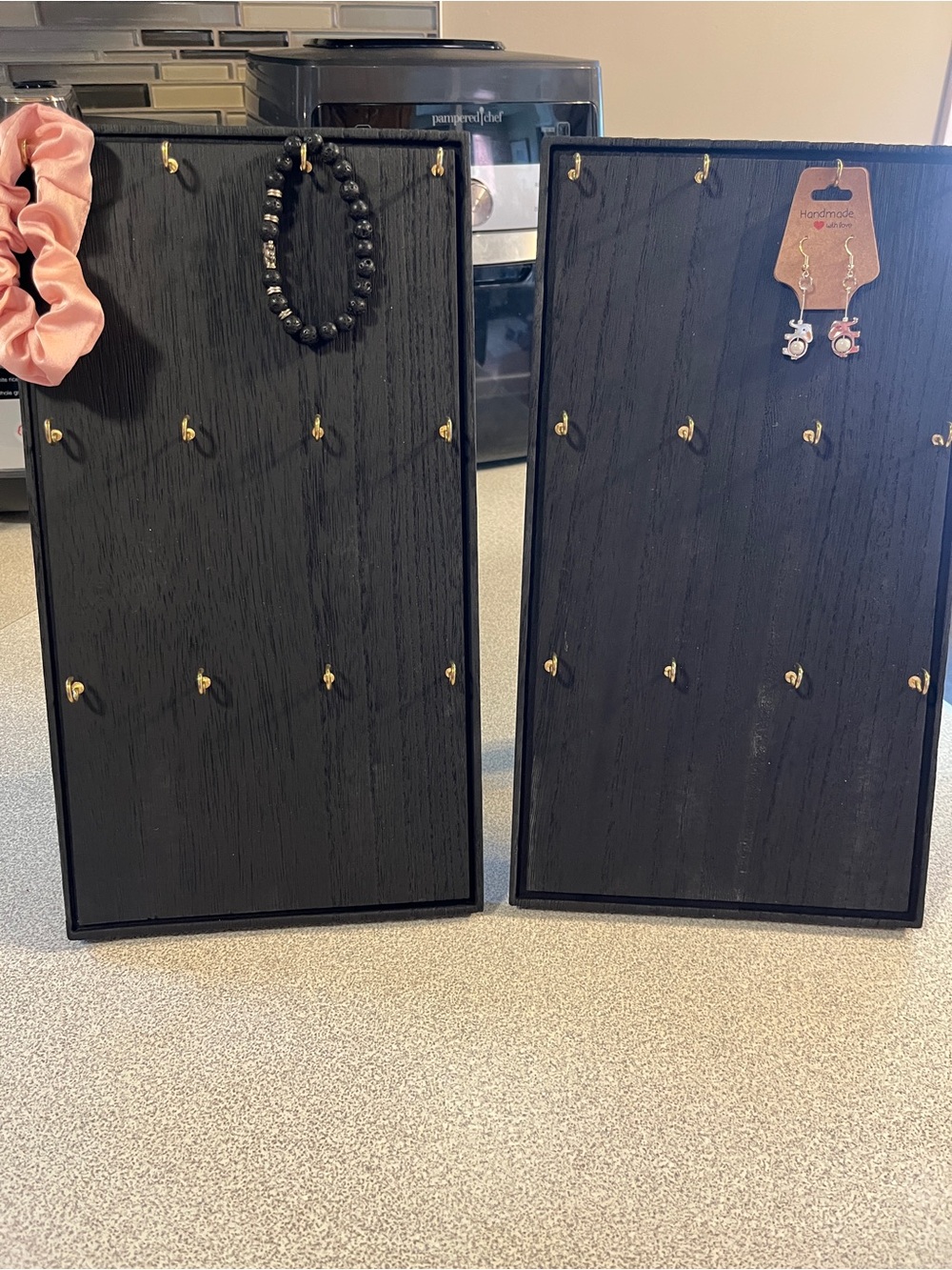 3 Jewelry Display Stands; 2 Black Wooden & 1 Black Velvet Necklace Display Stand